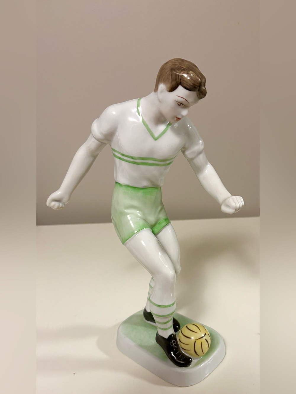 Vintage Porcelain Hallohaza Soccer Player Figurine in White and Pale Green